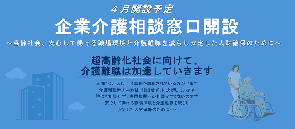 4月開設予定 企業介護相談窓口開設 高齢社会、安心して働ける職場環境と介護離職を減らし安定した人財確保のために 超高齢化社会に向けて、介護離職は加速していきます。年間10万人以上介護職を離職されている方がいます。介護離職時の48%は「相談せず」に決断しています。誰にも相談せず、専門機関への相談がすくないのです。